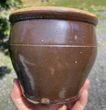 Antique Brown Salt Glazed Primitive Stoneware Crock Jar Rustic Americana