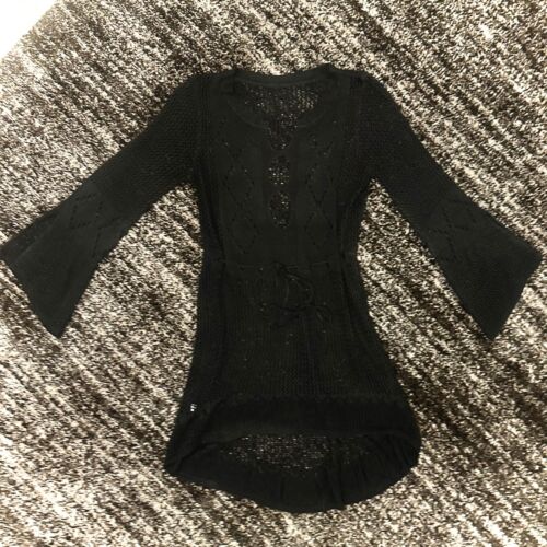 Bell Sleeve Beach Knit Cover Up + Tassel Tie Crochet Mini Dress in Black | O/S - Picture 2 of 11