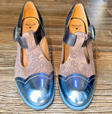 John FLUEVOG Attic Ilona T-Strap Heels Embossed Suede Blue Metallic - Size 10.5