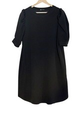 Zara Puff Sleeve Stretchy Knit Pullover Black Dress Size M Raw Hem Minimalist