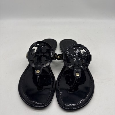 Tory Burch Miller Sandals 7M Black Patent Leather Flat Thong Slide Medallion