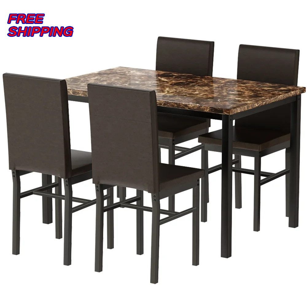 5 Piece Dining Room Table Set 4 Faux Leather Chairs Faux Marble Kitchen Table