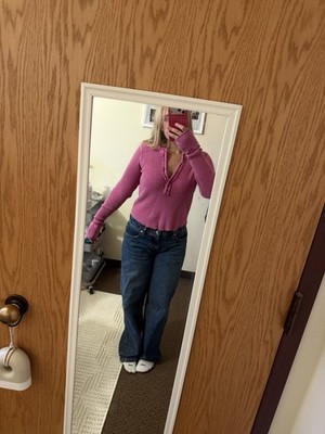 Free people Pink Solid Waffle Knit Henley Top Long Sleeve Ruffle Button Women s