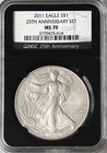 2011 American Silver Eagle $1 NGC MS 70 0.999 Fine Black Label Bullion Coin #014