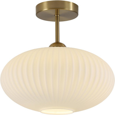 Mid Century Brass Flush Mount Ceiling Light with Ribbed Milk Glass Shade