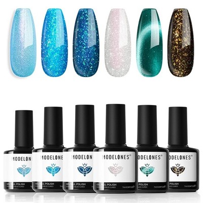 modelones Gel Nail Polish Set, 6 Colors Blue Green Glitter Cat Eye Black Silver