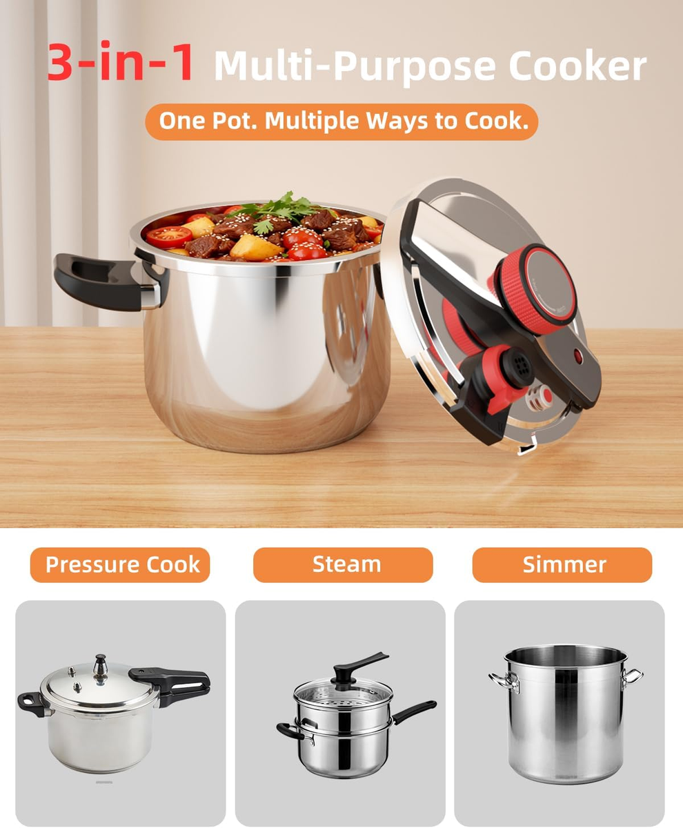 8 Qt Stainless Steel Pressure Cooker, One-Hand Locking, Fast