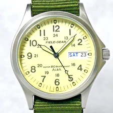 SEIKO ALBA FIELD GEAR Military Watch V743 1993 Full Luminous Green DayDate Japan