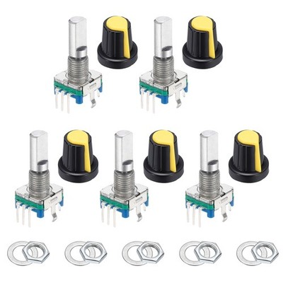 5Pcs Rotary Encoder, 20mm Full Shaft Potentiometer, with Yellow Plastic Knob