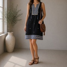 Madewell Suncoast Embroidered Shift Dress Womens 4 Black Sleeveless Tassel Boho