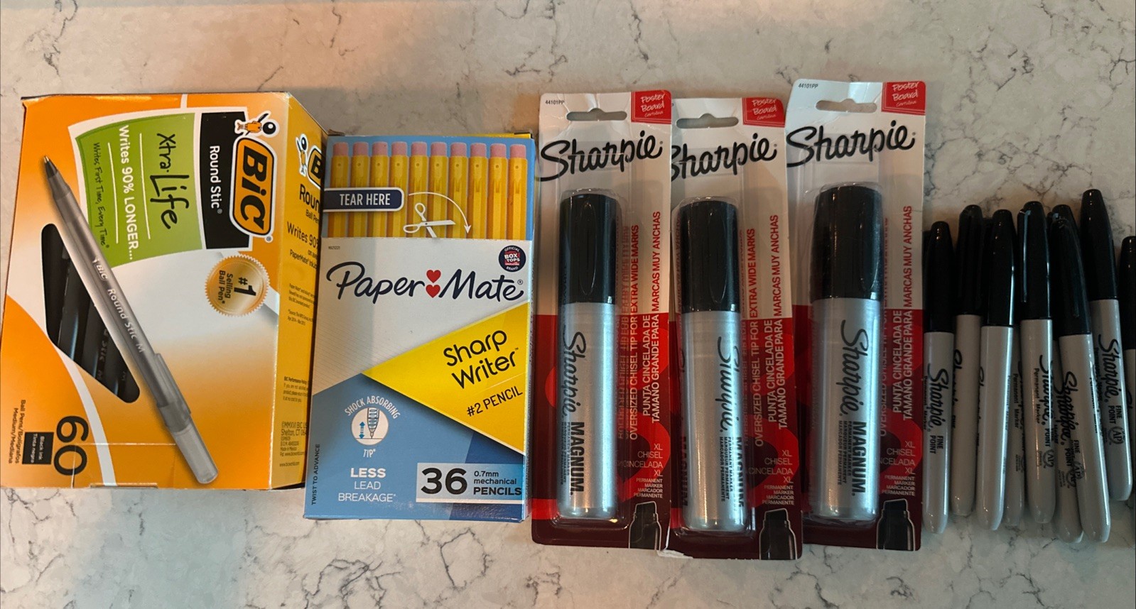 3 Sharpie Magnum Permanent Markers, BiC round Stic Xtra Life