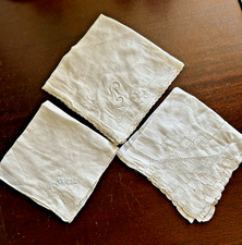 3 Antique Vintage Ivory Linen Handkerchief Hanky Embroidered Floral Cutwork