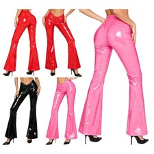 Women Patent Leather Trousers Butt Lifting Leggings Glossy Flared Pants Clubwear
