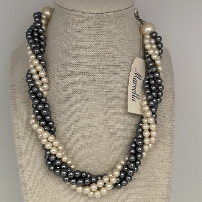 Vintage MARVELLA NWT NOS Twisted Pearl Torsade Necklace Black White