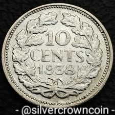 Netherlands 🇳🇱 10 Cents 1938. KM#163. Silver Ten Pence coin. Wilhelmina I.