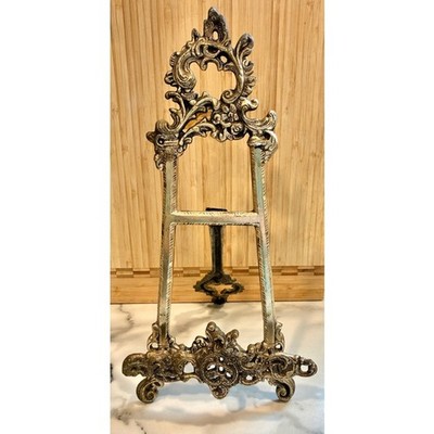 Vintage 1970s Victorian Rococo Silver Plate Brass Tabletop Display Easel - 14''