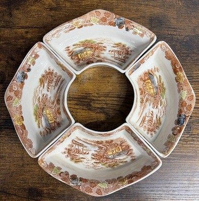 Nasco Mountain Woodland Scene Lazy Susan Replacement Dishes Chip & Dip 4 Pieces
