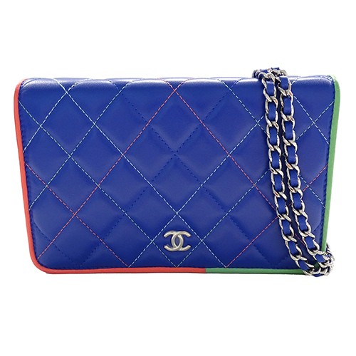CHANEL Women's Lambskin Matelass Blue Shoulder Wallet Bag