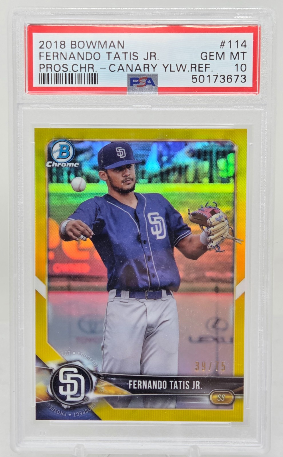 2017 Bowman Chrome Yellow Refractor FERNANDO TATIS JR RC CARD/75 PSA 10 GEM MINT