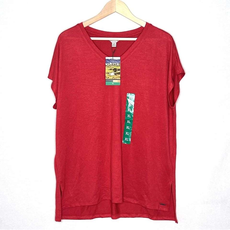 Orvis Mujer Túnica Punto Cuello en V Top Talla XL Rayón Manga Corta Arcilla Quemada Rojo Foto 3 de 4