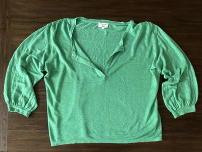 Maison 123 Green Henley Womens Small 100% Linen Relaxed Balloon Sleeve Top