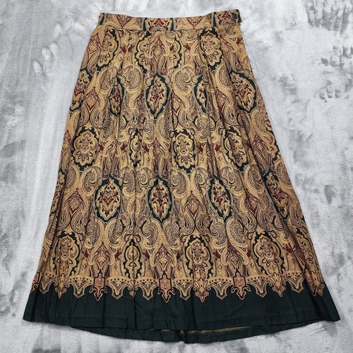 Vintage Koret Skirt Womens 14 Green Beige Paisley Pleated Flowy Rayon Boho Midi