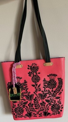 Consuela Maren Everyday Pink Black Floral Embroidered Tote Bag with Bag Charm 