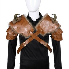 Medieval Men's Armor Shoulder Fur Viking PU Leather Armor w/Horn Halloween Prop