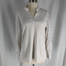 V Neck Long Lace Sleeve Shirt White Medium