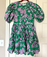 Xirena Green/Pink Floral Puff Sleeve Crew Neck Button Front Mini Dress S