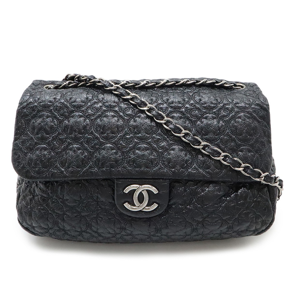 CHANEL Camellia Double Chain Shoulder Bag in Black Patent Leather with Silver Accents