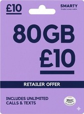 £10 for 80gb pay as you go OFFICIAL Smarty sim card,UK Unlimited Data for