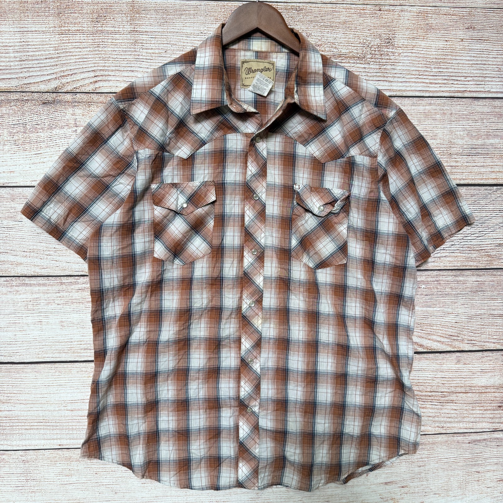 Wrangler Western Shirt Mens XL Brown Plaid Pearl Snap Short Sleeve Cowboy Rodeo