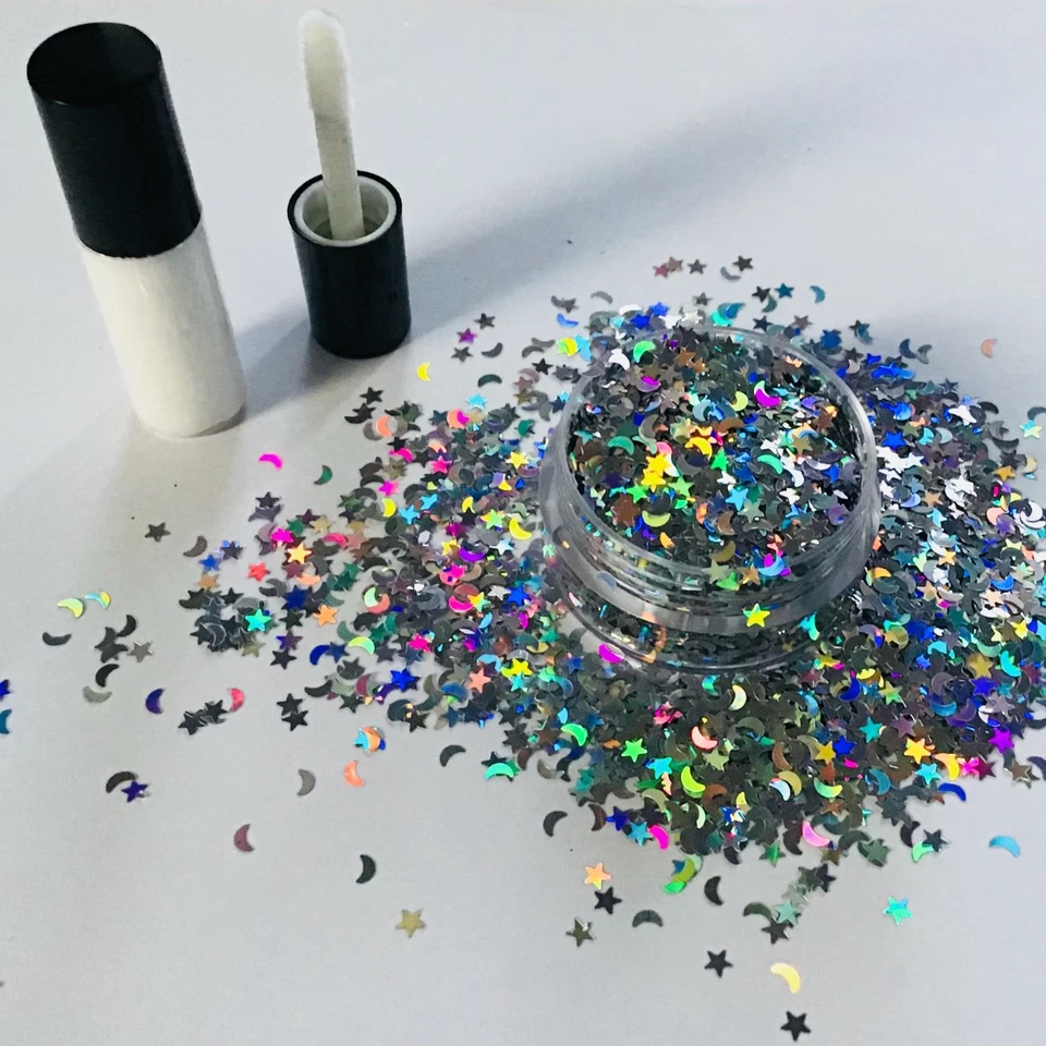 FESTIVAL GESICHT/KÖRPER/HAARE SET - 4ml KLEBER HOLOGRAPHIC SILVER MOON STAR GLITTER 10g