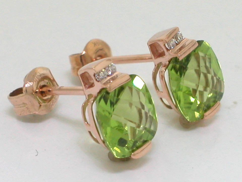 Paar Peridot Ohrstecker 585 Rotgold 14Kt Gold natürliche Peridots 4 Brillanten  - Bild 3 von 4