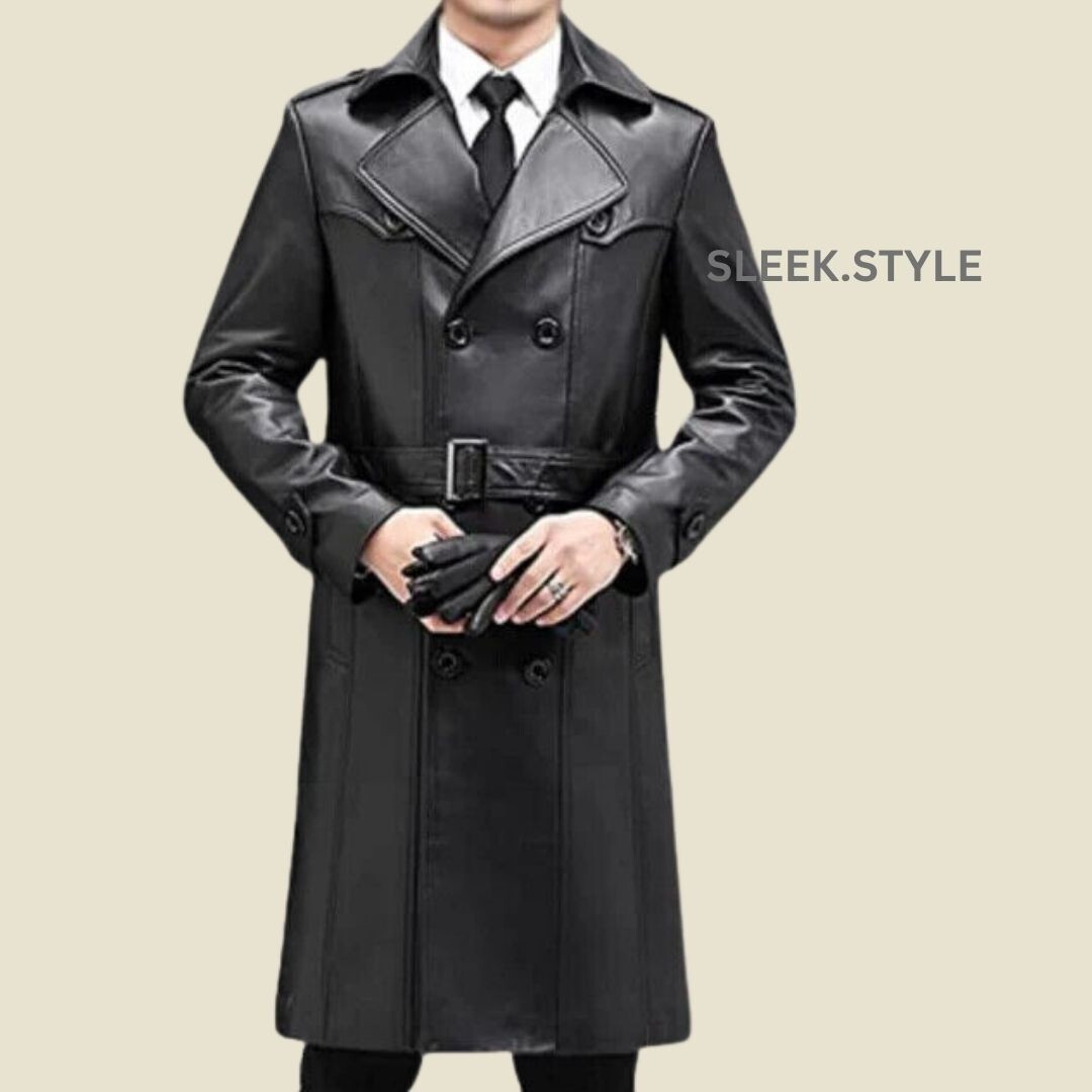 Men Trench Coat Leather Formal Handmade Black Lambskin Belt Waist Stylish  Coat