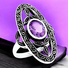 GENUINE AMETHYST 925 SOLID STERLING SILVER FILIGREE ANTIQUE STYLE RING  1068