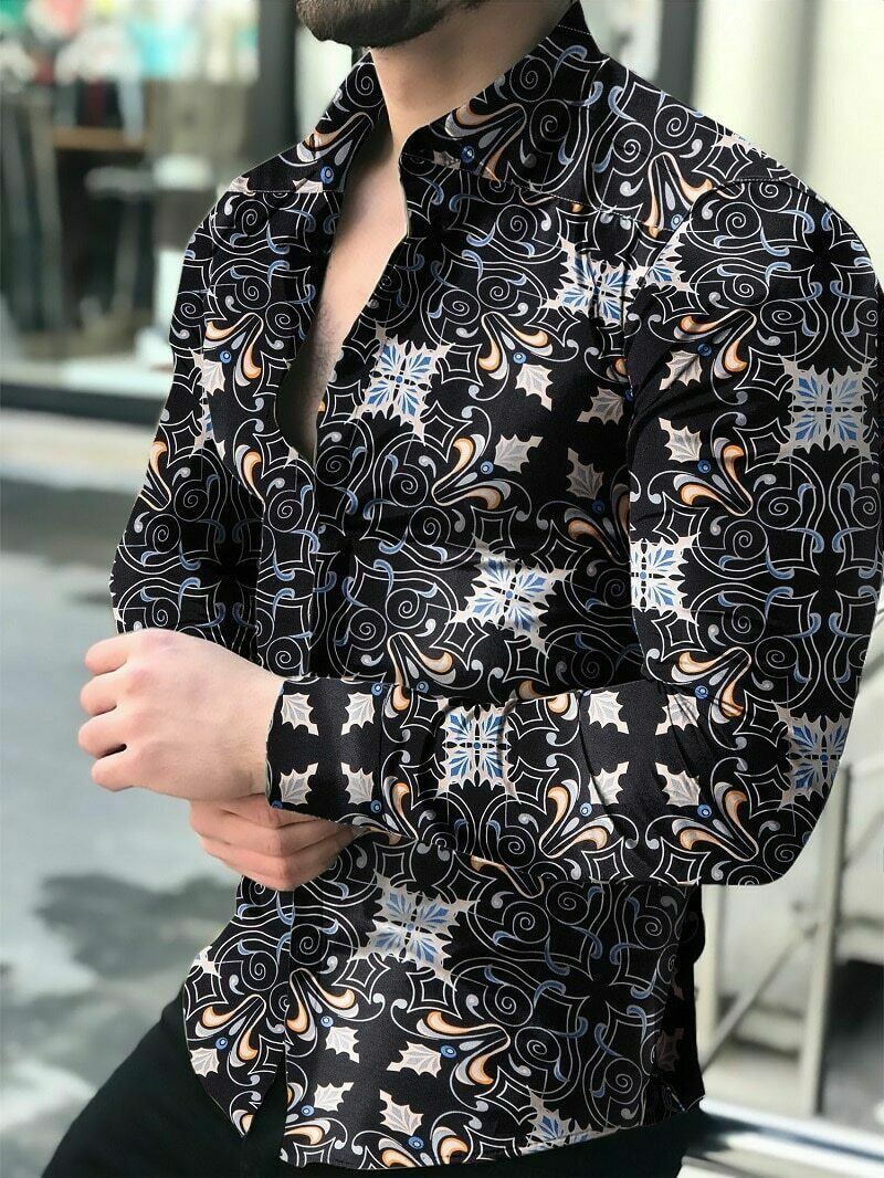 Moda Camisa Para Hombre De Vestir Mangas Largas Hojas De De Cárdigan | eBay