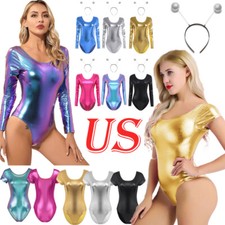 Womens Alien Costume Outfit Shiny Metallic Round Neck Bodysuit Hair Hoop