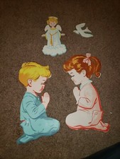 Vintage Praying Boy  Girl Angel Dove Pressboard Picture