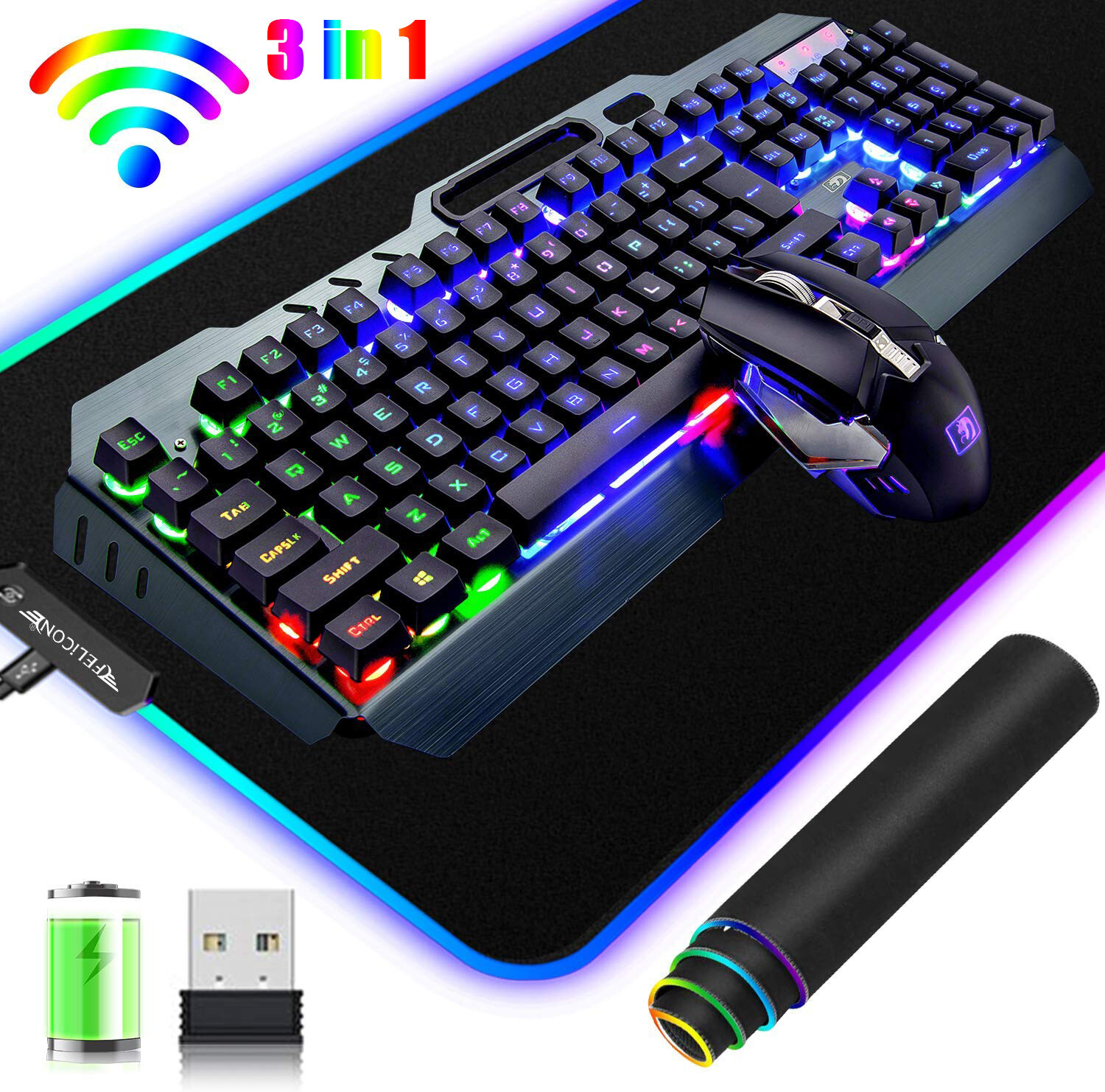 RGB Wireless Gaming Keyboard & Mouse Combo with Rainbow Backlight + LED Mouse Pad for PC Laptop-image