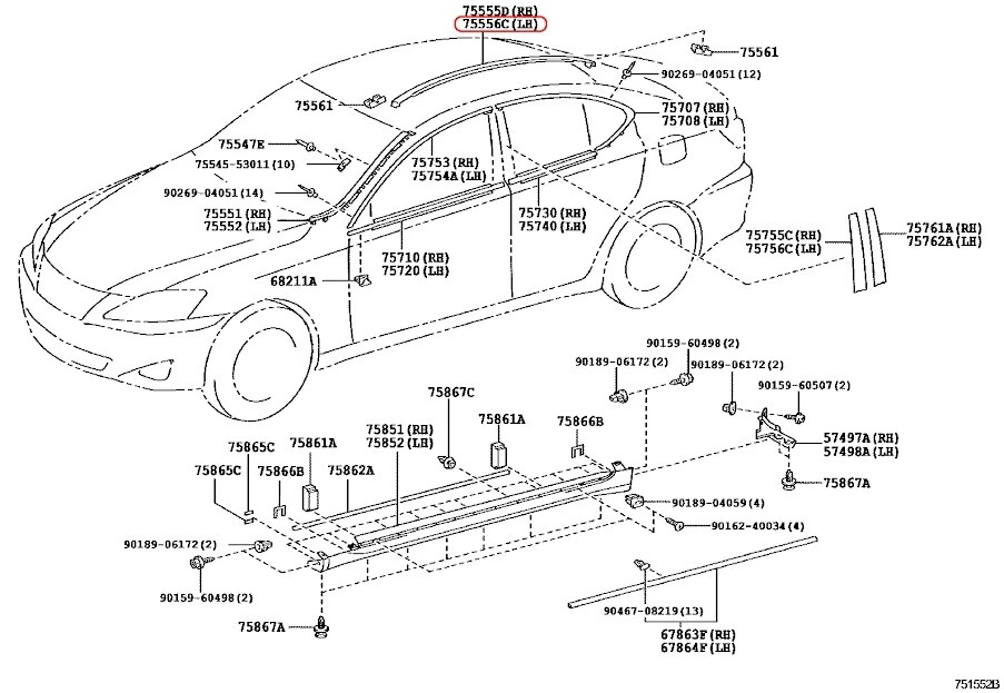 Lexus Genuine IS250 350 IS-F Roof Drip Side Finish Center Left 75556-53040-C1 - Изображение 3 из 4