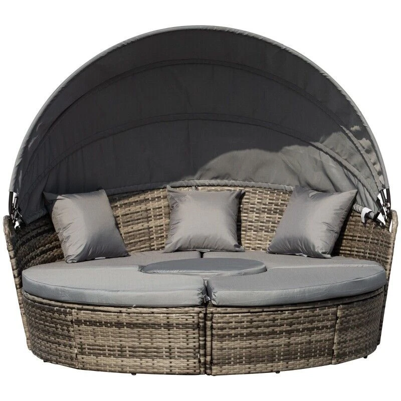 Outsunny 5 PCs Cushioned Outdoor Plastic Rattan Round Sofa Bed Table Set - Grey