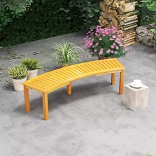 Outdoor Curved Bench, Solid Acacia Wood Bench with Slatted Seat, Backless Patio
