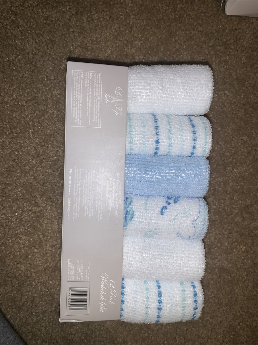 NEW Le Top Bebe 12 Infant Baby Washcloths Blue White 9” X 9”