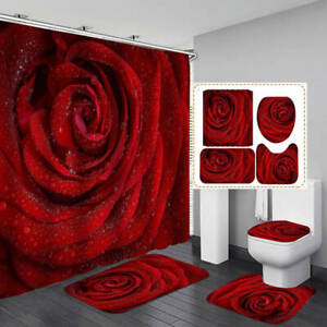 Red Rose Flower Shower Curtain Bath Mat, Red Rose Rug