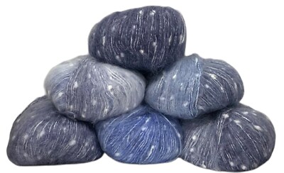 6-Mohair Yarn Balls Shades Of Blue  Blue Dot Color Gradiant 1.7 oz Each