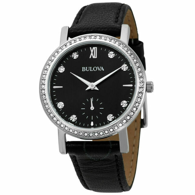96l246 Cheap Sale Bulova 96L246 32mm Silver Stainless Steel Case Black Leather Strap Ladies Wristwatch for sale