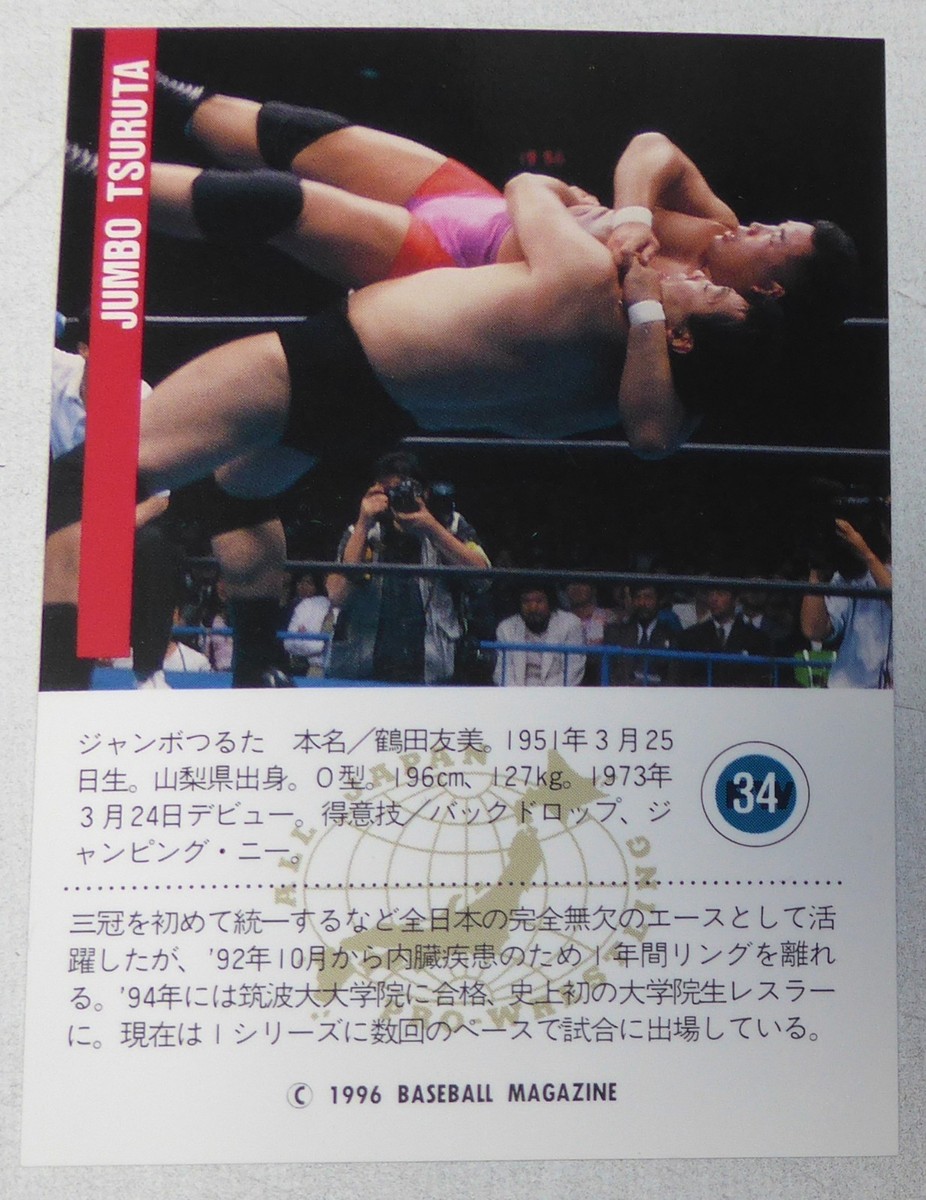 Jumbo Tsuruta 1995 BBM All Japan Pro Wrestling Card #34 WWE NWA