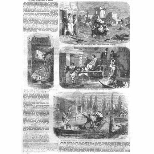 FRANCE Scene from the Recent Floods - Antique Print 1856
